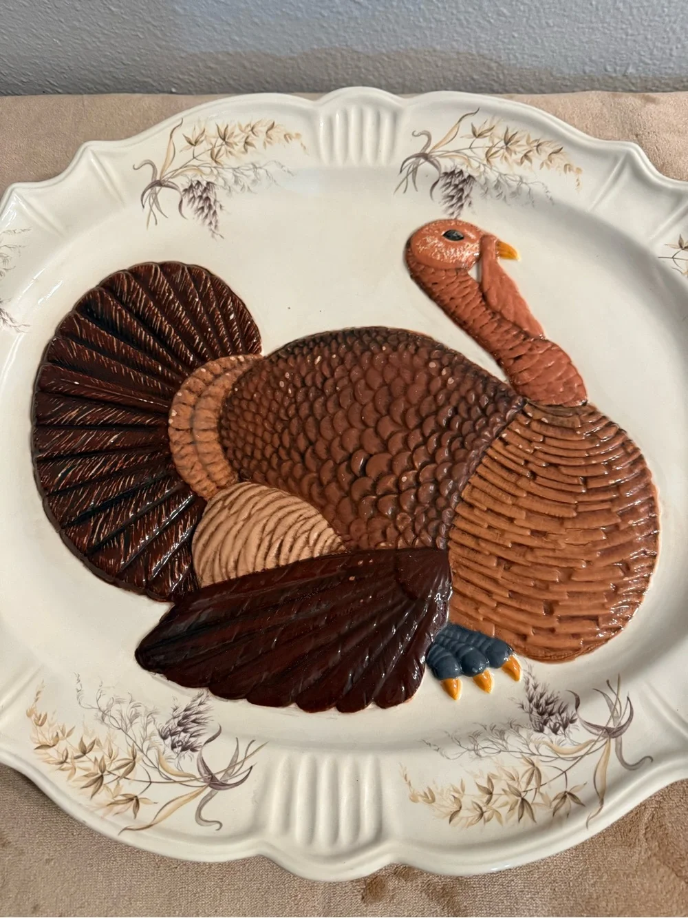 Ceramic Turkey Platter - Brown & Cream Decorative Serving Plate